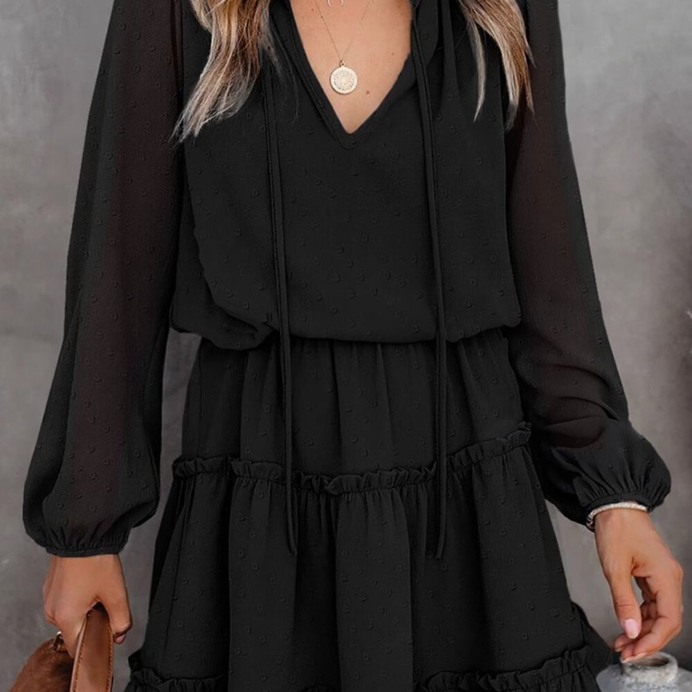 Ruffled tulle knee-length dress Solid color casual pullover dress